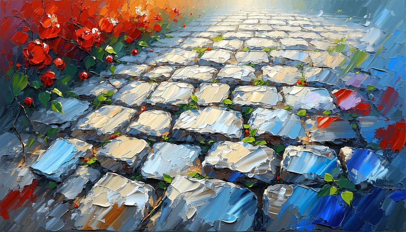 Image of this vibrant painting showcases a textured cobblestone path adorned with lush red flowers and green foliage, creating a stunning contrast. the artwork uses bold brushstrokes and vivid colors, capturing the essence of a garden walkway. perfect for those interested in art,