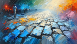 Image of this vibrant abstract painting depicts a lively cityscape with people walking along a colorful, textured cobblestone street. the scene transitions from cool blue and green hues on one side to warm red and orange tones on the other, creating a dynamic and atmospheric contrast