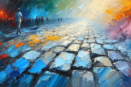 Image of this vibrant abstract painting depicts a lively cityscape with people walking along a colorful, textured cobblestone street. the scene transitions from cool blue and green hues on one side to warm red and orange tones on the other, creating a dynamic and atmospheric contrast