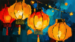 Image of this vibrant artwork vividly depicts traditional chinese lanterns glowing warmly against a richly colored, abstract background. the red and yellow hues reflect cultural significance, beautifully illustrating the festive ambiance. perfect for keywords like