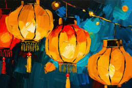 Image of this vibrant artwork vividly depicts traditional chinese lanterns glowing warmly against a richly colored, abstract background. the red and yellow hues reflect cultural significance, beautifully illustrating the festive ambiance. perfect for keywords like 