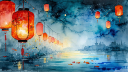 Image of this watercolor painting features a serene night scene with glowing red lanterns stringing across a tranquil waterway, reflecting in the water. the dreamy composition is set against a deep blue sky with a silhouette of distant buildings, evoking a picturesque asian landscape.