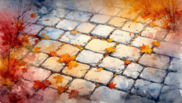 Image of this watercolor painting beautifully captures a cobblestone path adorned with vibrant autumn leaves. the scene combines the rustic charm of weathered stones with the warm hues of orange and red leaves, evoking a serene fall atmosphere. perfect for an autumn-themed decor or