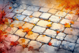 Image of this watercolor painting beautifully captures a cobblestone path adorned with vibrant autumn leaves. the scene combines the rustic charm of weathered stones with the warm hues of orange and red leaves, evoking a serene fall atmosphere. perfect for an autumn-themed decor or