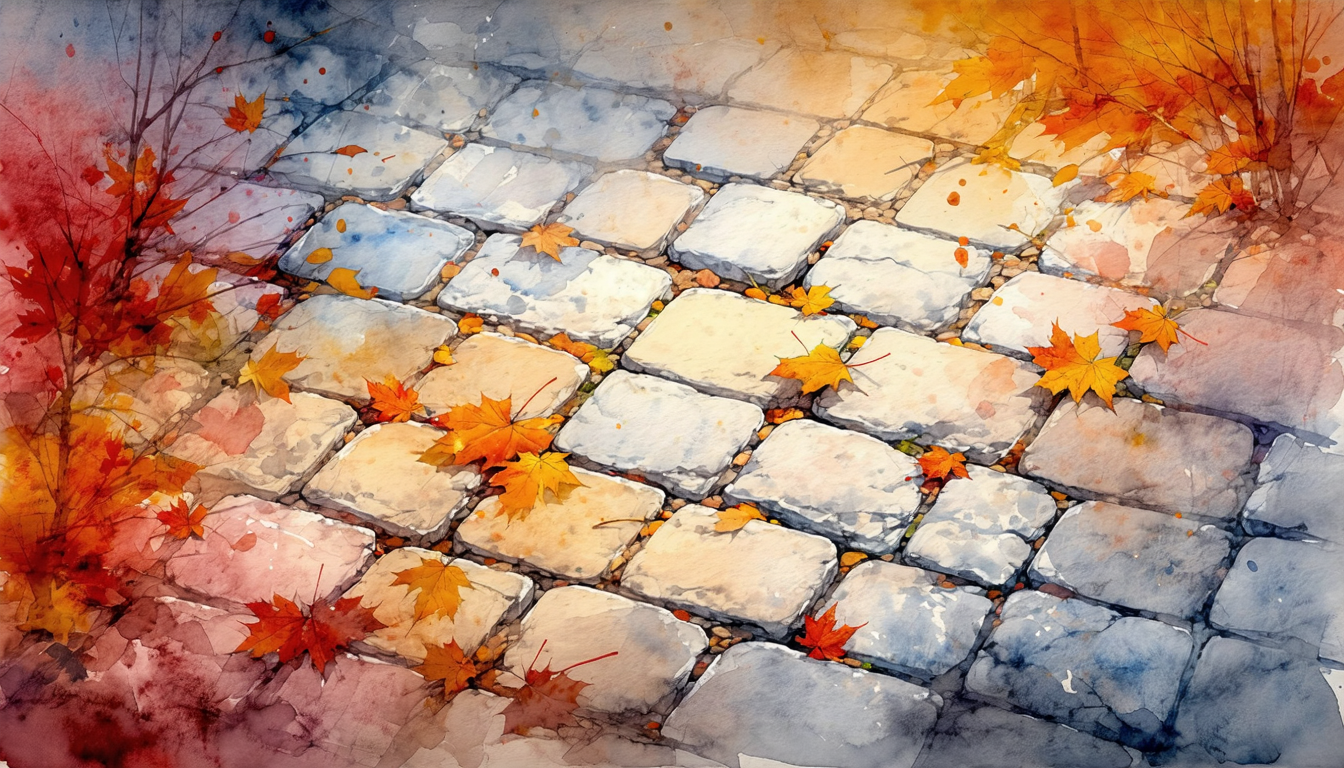 Image of this watercolor painting beautifully captures a cobblestone path adorned with vibrant autumn leaves. the scene combines the rustic charm of weathered stones with the warm hues of orange and red leaves, evoking a serene fall atmosphere. perfect for an autumn-themed decor or