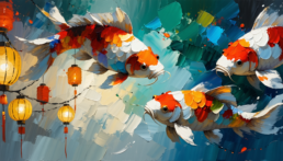 Image of this captivating digital painting showcases vibrant koi fish swimming amidst a serene aquatic backdrop. the scene is enhanced by glowing, traditional chinese lanterns, adding an elegant cultural touch. the rich colors and dynamic brushstrokes make this artwork perfect for themes related to asian