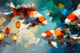 Image of this captivating digital painting showcases vibrant koi fish swimming amidst a serene aquatic backdrop. the scene is enhanced by glowing, traditional chinese lanterns, adding an elegant cultural touch. the rich colors and dynamic brushstrokes make this artwork perfect for themes related to asian