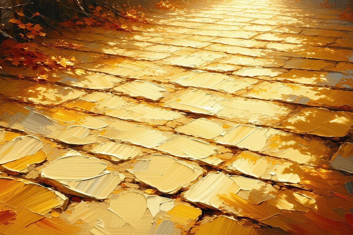 Image of a beautiful painting of a sunlit cobblestone path, adorned with vibrant autumn leaves. the golden hues and textured brushwork capture the essence of fall, creating a warm and inviting atmosphere. this artwork is ideal for those looking for autumn scenery, nature