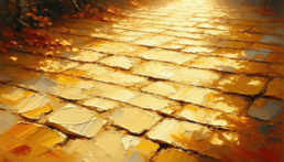 Image of a beautiful painting of a sunlit cobblestone path, adorned with vibrant autumn leaves. the golden hues and textured brushwork capture the essence of fall, creating a warm and inviting atmosphere. this artwork is ideal for those looking for autumn scenery, nature