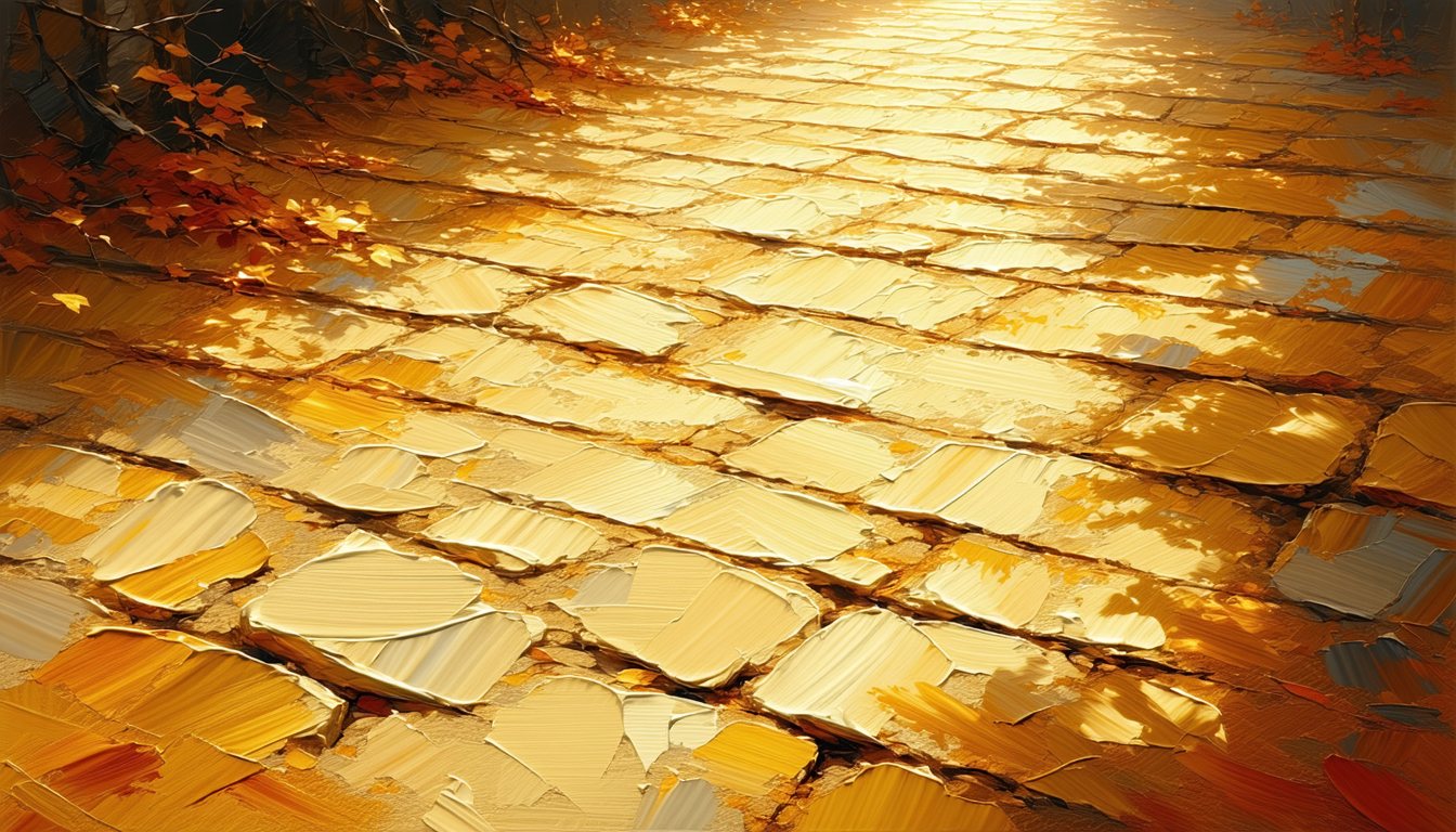Image of a beautiful painting of a sunlit cobblestone path, adorned with vibrant autumn leaves. the golden hues and textured brushwork capture the essence of fall, creating a warm and inviting atmosphere. this artwork is ideal for those looking for autumn scenery, nature