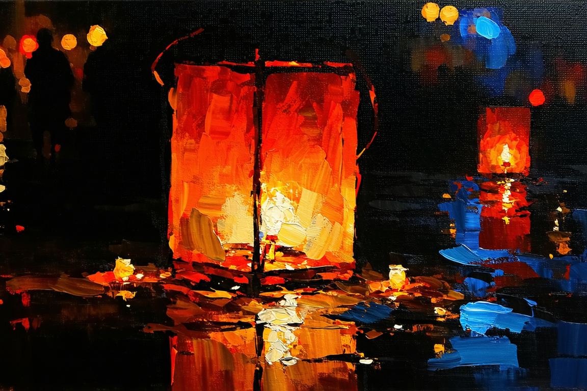 Image of this image features a vibrant, impressionistic painting of glowing lanterns on water. the warm orange and red hues of the lanterns contrast beautifully with the deep blue reflections and dark background, creating a captivating scene. ideal for keywords like