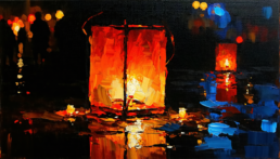 Image of this image features a vibrant, impressionistic painting of glowing lanterns on water. the warm orange and red hues of the lanterns contrast beautifully with the deep blue reflections and dark background, creating a captivating scene. ideal for keywords like 